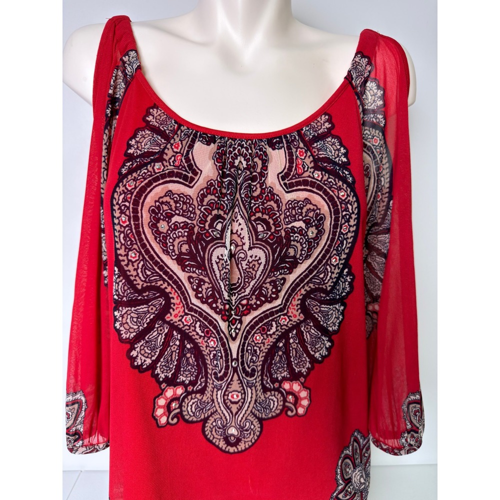 INC International Concepts Red Paisley Cold Shoulder Mesh Top Medium